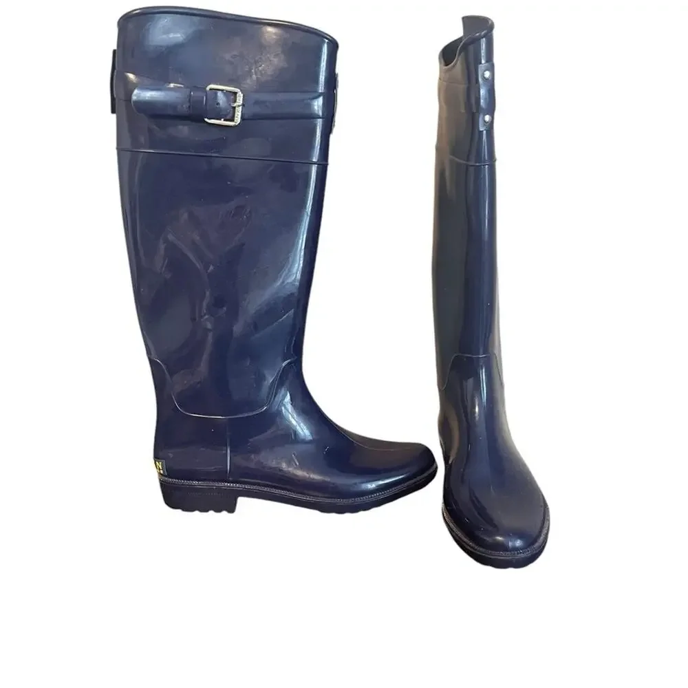 LAUREN RALPH LAUREN Rossalyn II‎ Rain Boots in Navy Blue Buckle Detail Women's 7